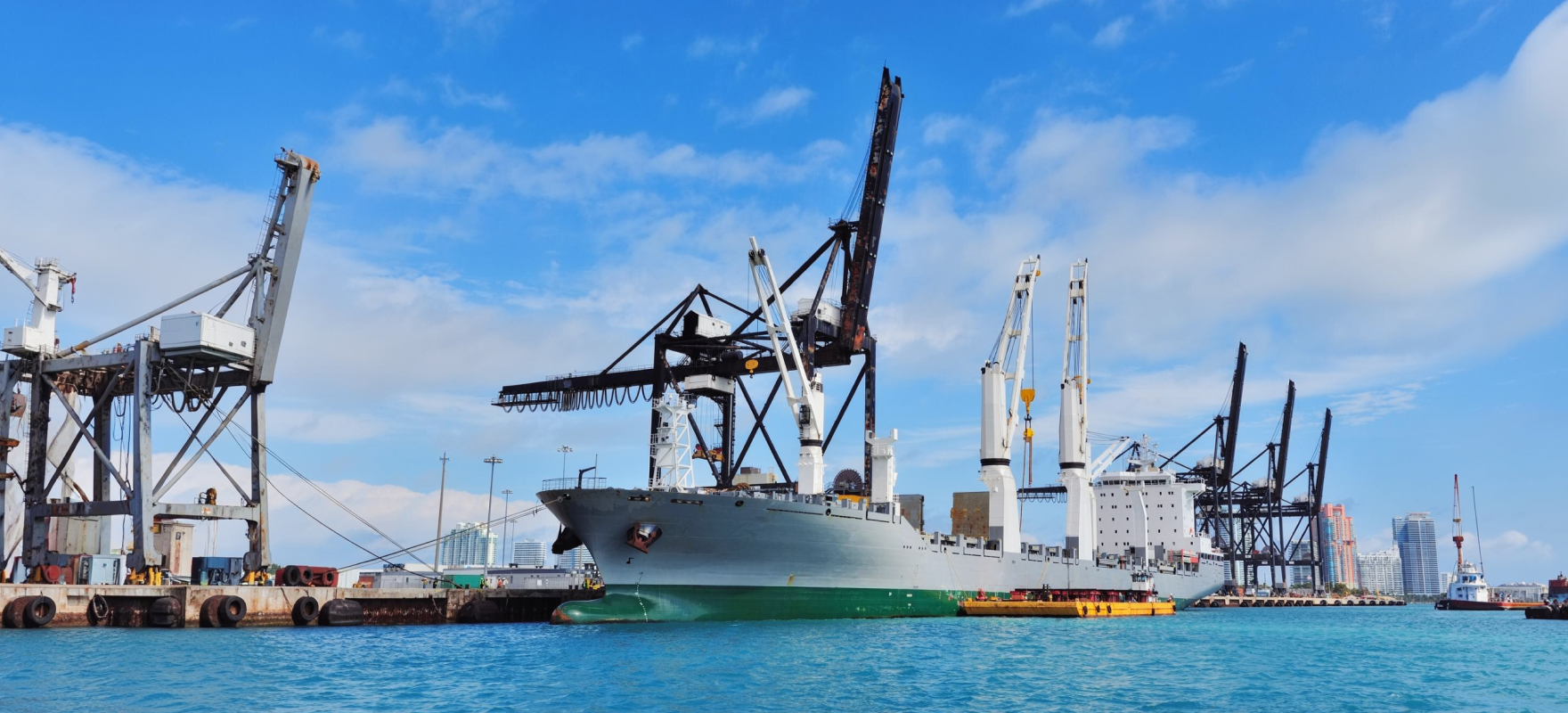 Cargo vessel berthed at a multipurpose port terminal with quay cranes