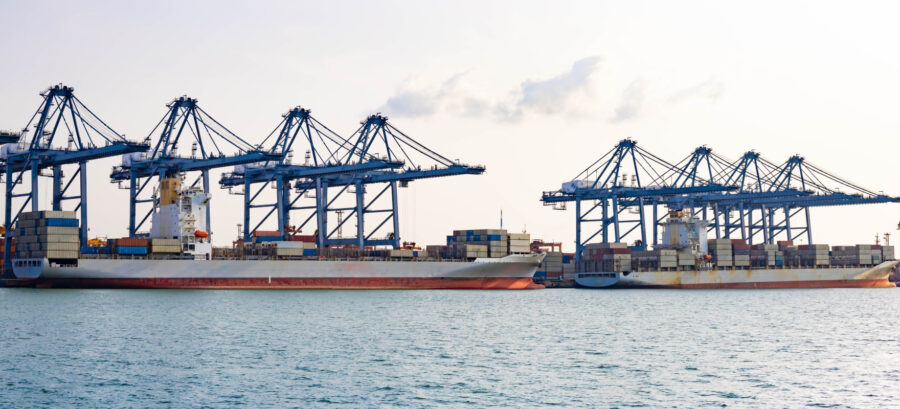 Cargo vessels berthed under quay cranes at a busy port terminal