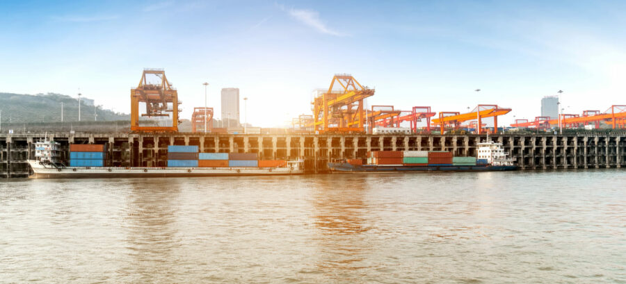 Cargo vessels berthed at a container terminal with quay cranes and port infrastructure